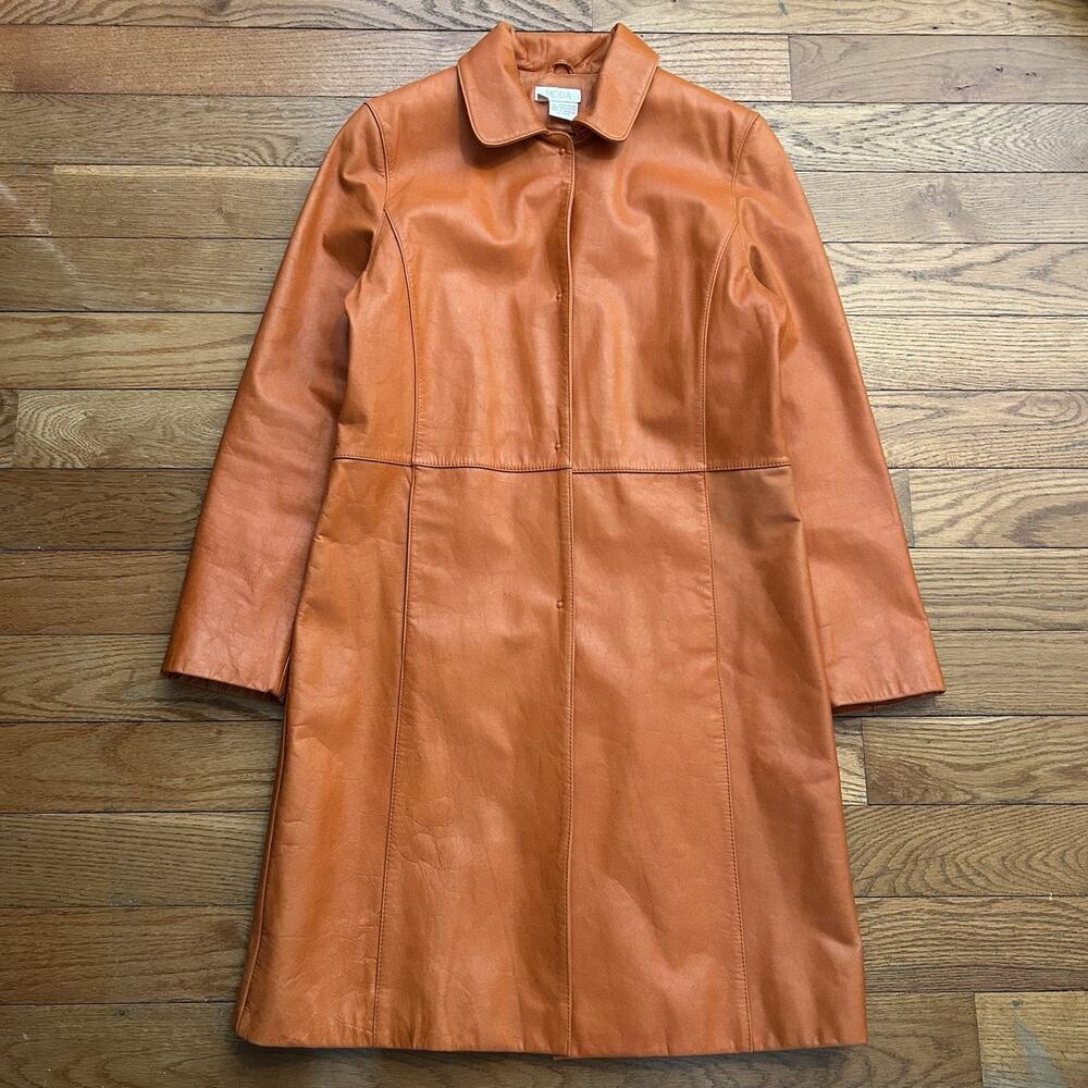 Vintage Moda 100% Leather Camel Brown Trench Coat Snap Jacket Women’s Size 10